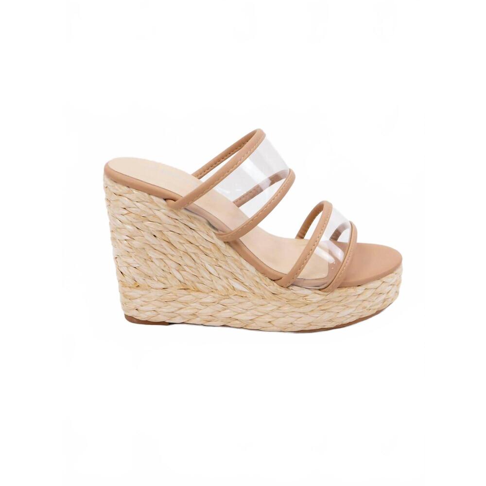 NEW LET'S SEE STYLE women's rita raffia clear two strap wedge sandals in beige